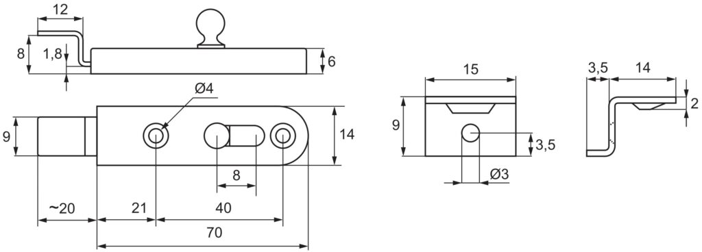 2 pezzi bullone per mobili con cursore a pulsante, a manovella, con contropiastra, 22.06.040, di SISO Danimarca. Disegno tecnico