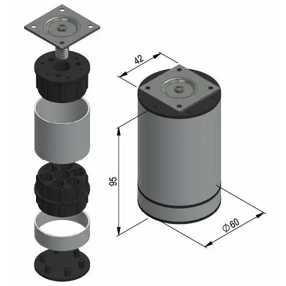 Set di 4 gambe per mobili di design, colore: Alu Silver, diametro: ⌀60 mm (2-3/8"), by SISO - immagine 3