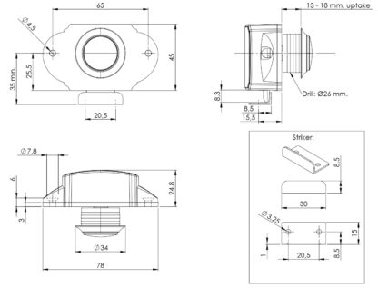 Robusta chiusura a pulsante con funzione maniglia, in ABS, superficie: cromata, versione: rotonda, 14.03.047-0. Pulsante compatto per roulotte, yacht, roulotte, barche, anta dell'armadio, cassetto e molto altro, di SISO Danimarca - immagine 3