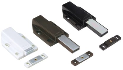 2 chiusure magnetiche a scatto, incl. contropiastra, superficie: bianco, 70 mm (2-3/4"), versione: con pistone lungo, ML-120W. Apriporta push-to-open per ante di mobili, ante di armadi e molto altro, di Sugatsune / LAMP® (Giappone) - immagine 4