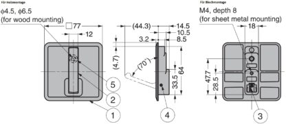 Gancio a molla quadrato di alta qualità per incasso, superficie: cromato, 77 mm (3,1"), NF-K77-CR. Gancio pieghevole quadrato con chiusura automatica, per tinyhouse, camper, yacht e molto altro, di Sugatsune / LAMP® (Giappone) - immagine 5