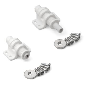 2 pezzi patta magnetica a scatto rotonda con opzione di regolazione, incl. contropiastra, superficie: bianco, MC-25WT. Apriporta push-to-open per ante di mobili, ante di armadi e molto altro, di Sugatsune / LAMP® (Giappone)