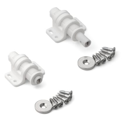2 pezzi patta magnetica a scatto rotonda con opzione di regolazione, incl. contropiastra, superficie: bianco, MC-25WT. Apriporta push-to-open per ante di mobili, ante di armadi e molto altro, di Sugatsune / LAMP® (Giappone)