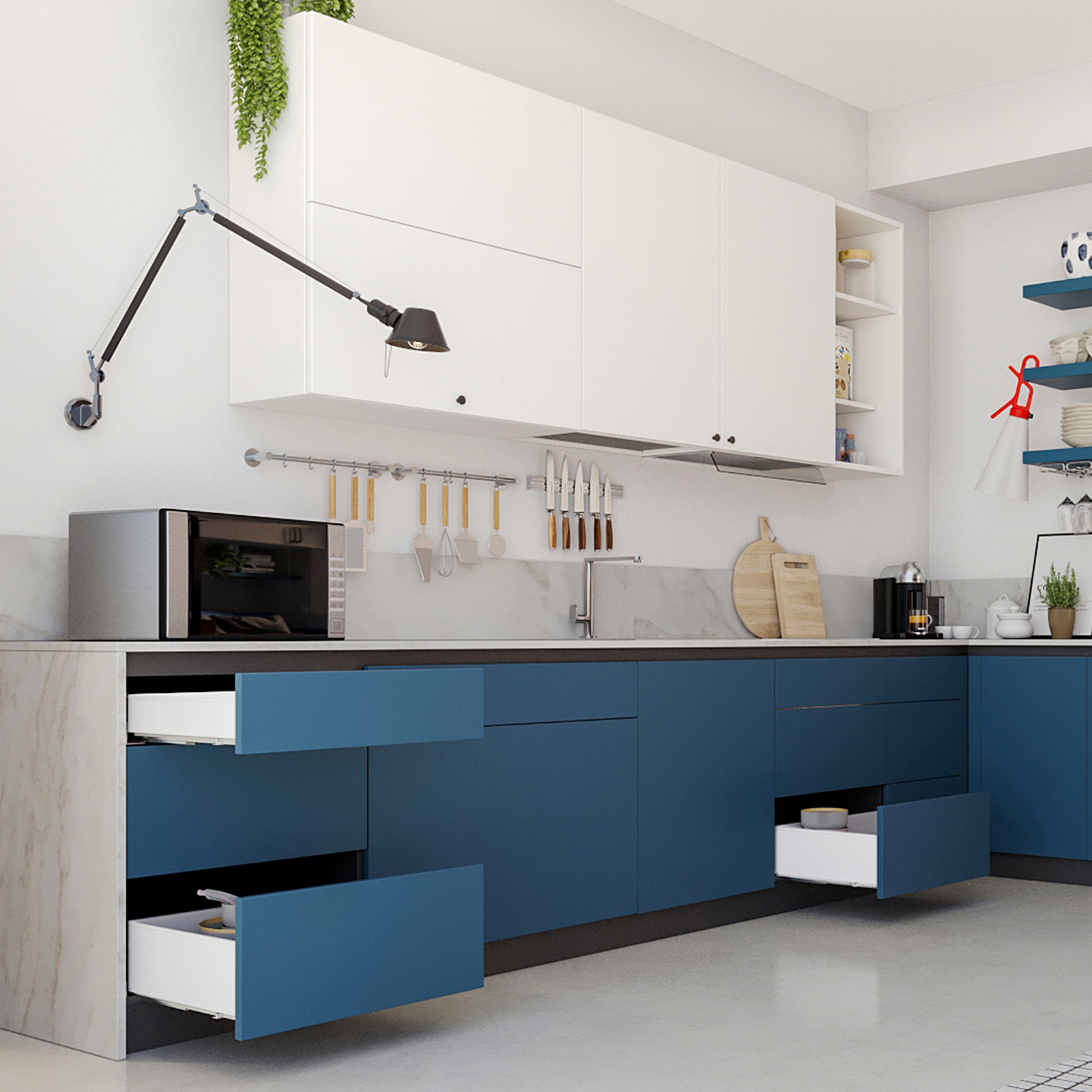 Set di cassetti, con telaio extra sottile, altezza telaio 88 mm (3-15/32"), superficie: bianco, 300 mm (11-13/16"), versione: estrazione parziale con chiusura ammortizzata, 3275012. Pratico set di cassetti per mobili da cucina e molto altro, di EMUCA - immagine 9