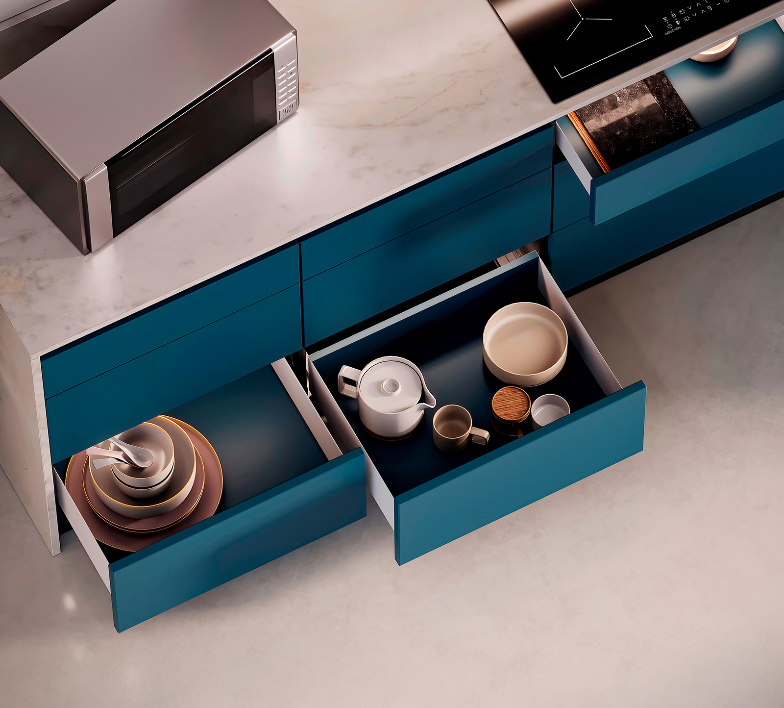 Set di cassetti, con telaio extra sottile, altezza telaio 88 mm (3-15/32"), superficie: bianco, 300 mm (11-13/16"), versione: estrazione parziale con chiusura ammortizzata, 3275012. Pratico set di cassetti per mobili da cucina e molto altro, di EMUCA - immagine 10