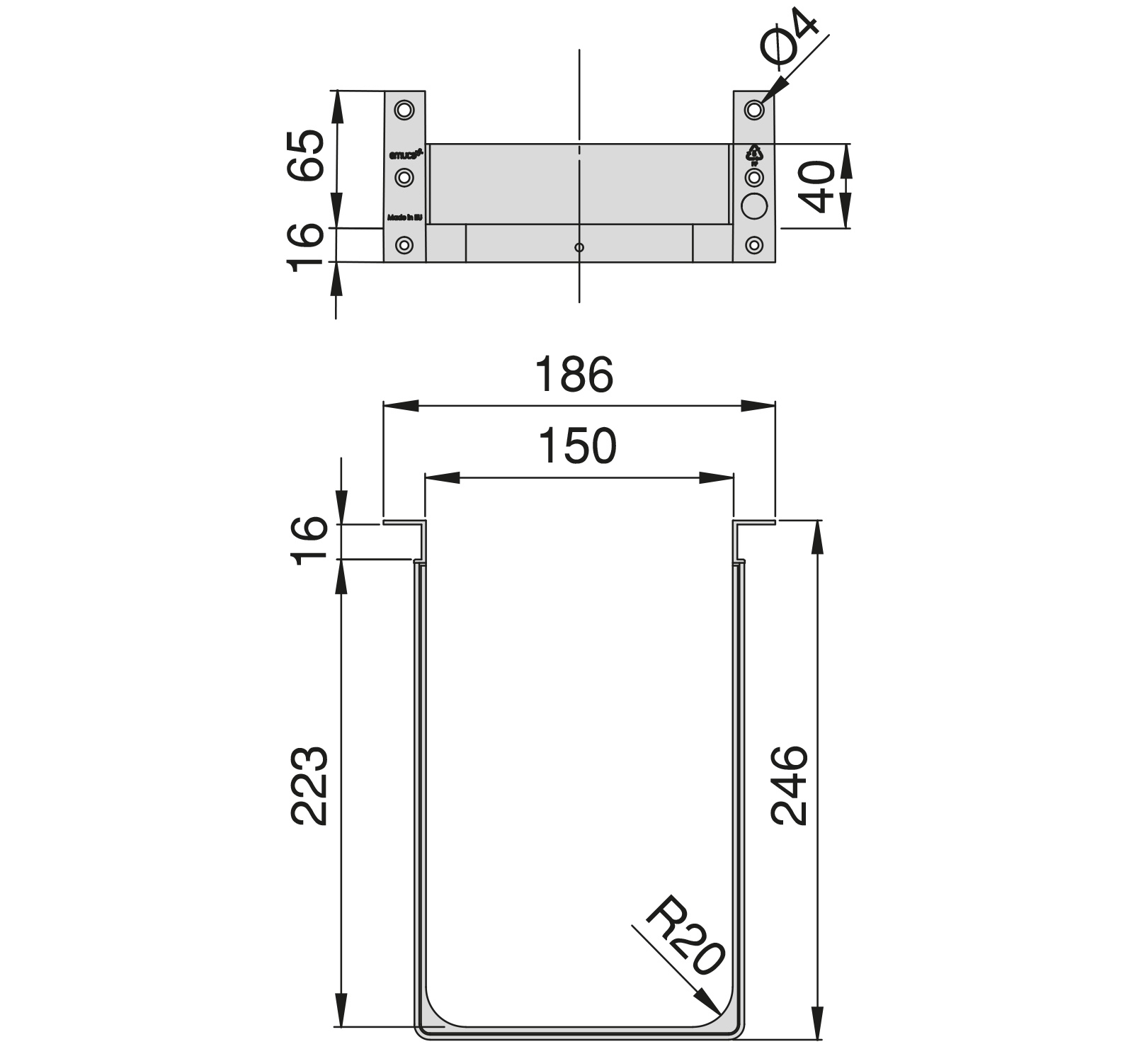 Apertura del sifone di alta qualità, in plastica, superficie: grigio antracite, 3011923. Protezione rettangolare per mobiletto, mobile da cucina, mobile da bagno, sifone, scarico e molto altro, di EMUCA - immagine 2