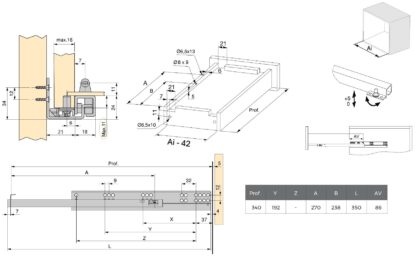 Guide sottopavimento, capacità di carico: 25 kg (56 lbs), 350 mm (13-25/32"), Design: Estrazione parziale con apertura a pressione, 3123205. Cassetti sottopavimento di alta qualità per cassetti in legno, ripiani in legno e molto altro, di EMUCA - immagine 2