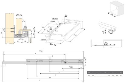 Guide sottopavimento, capacità di carico: 25 kg (56 lbs), 450 mm (17-23/32"), Design: estrazione parziale con chiusura ammortizzata, 3019405. Cassetti sottopavimento di alta qualità per cassetti in legno, cassetti in legno, ripiani in legno e molto altro, di EMUCA - immagine 2